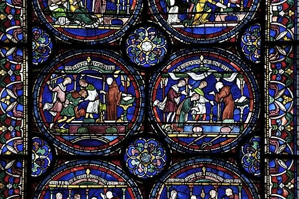 Medieval stained glass depicting the Cure of Mad Henry of Fordwich, North Ambulatory, Trinity Chapel Ambulatory, Canterbury Cathedral, UNESCO World Heritage Site, Canterbury, Kent, England, United Kingdom, Europe
