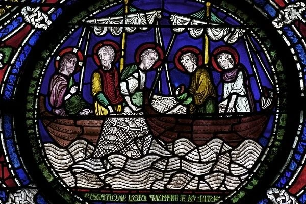 Medieval stained glass depicting the Miraculous Draught of Fishes, Third Typological Window, North Quire Isle, Canterbury Cathedral, UNESCO World Heritage Site, Canterbury, Kent, England, United Kingdom, Europe