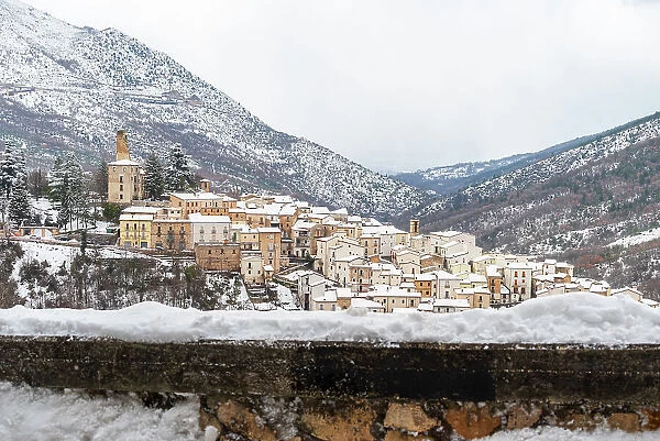 Medieval stone village under heavy snowfall, Anversa degli Abruzzi, L'Aquila province, Abruzzo region, Apennines mountain range, Italy, Europe