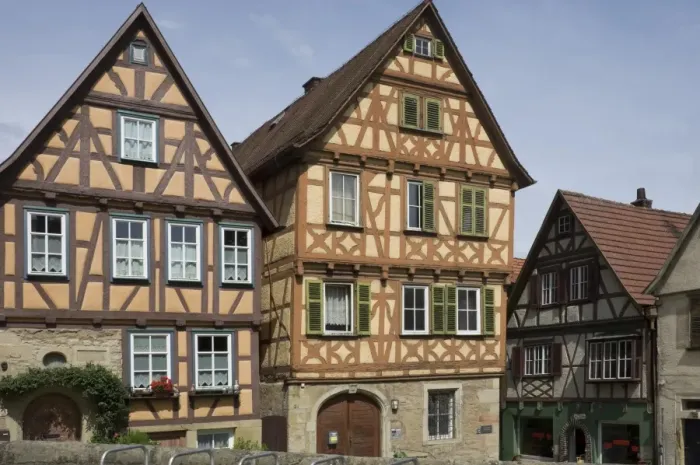 Framed Print : Medieval timbered and brick infill houses in Marbach am Neckar, Baden Wurttemberg, Germany, Europe
