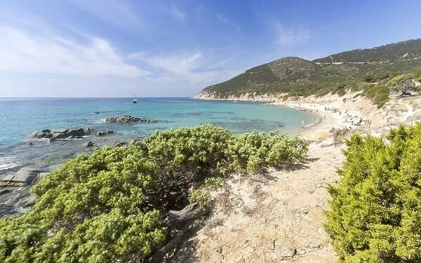 Mediterranean vegetation frames the beach and the turquoise sea of Porto Sa Ruxi