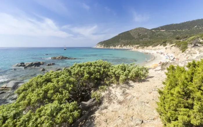 Framed Print : Mediterranean vegetation frames the beach and the turquoise sea of Porto Sa Ruxi Framed Print : Mediterranean vegetation frames the beach and the turquoise sea of Porto Sa Ruxi