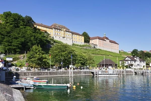 Meersburg port, new castle and state vineyards, Meersburg, Lake Constance, Baden Wurttemberg, Germany, Europe