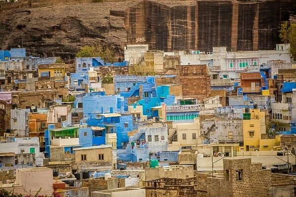 Mehrangarh Fort towering over the blue rooftops in Jodhpur, the Blue City, Rajasthan