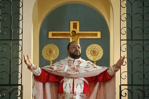 Melkite priest celebrating Mass, Nazareth, Galilee, Israel, Middle East