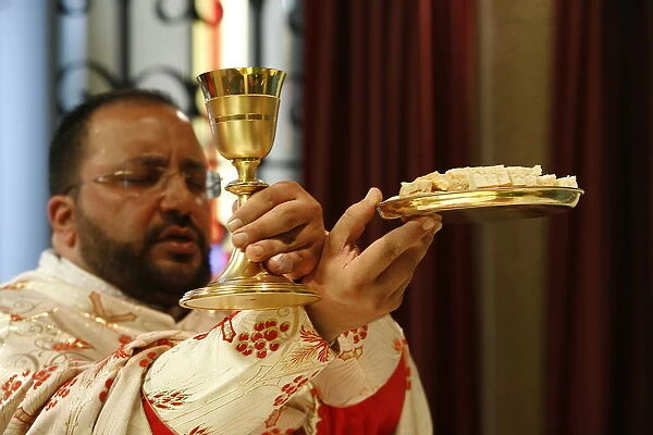 Melkite priest celebrating Mass, Nazareth, Galilee, Israel, Middle East