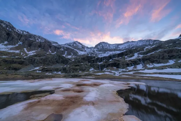 Framed Print : Melting ice during thaw at dawn, Alpe Fora, Valmalenco, Sondrio province, Valtellina Framed Print : Melting ice during thaw at dawn, Alpe Fora, Valmalenco, Sondrio province, Valtellina