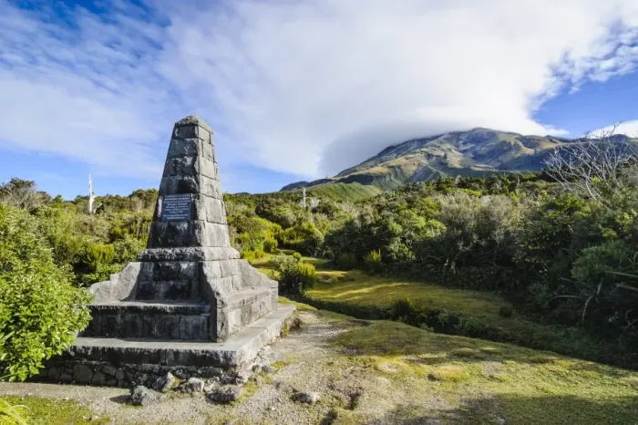 Framed Print : Memorial on the bottom of Mount Taranaki, North Island, New Zealand, Pacific