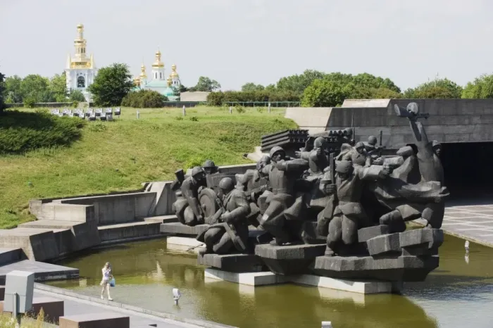 Framed Print : Memorial statue at the Museum of the Great Patriotic War, The Lavra church behind Framed Print : Memorial statue at the Museum of the Great Patriotic War, The Lavra church behind