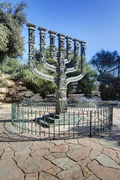 The Menorah sculpture by Benno Elkan at the entrance to the Knesset, the Israeli Parliament, Jerusalem, Israel, Middle East