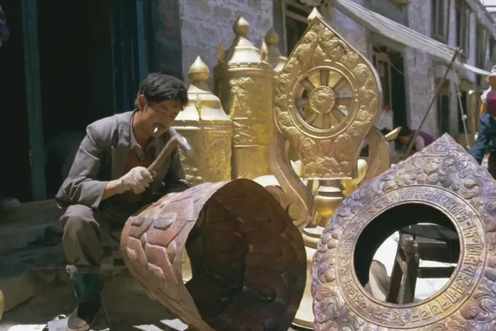 Framed Print : Metalsmith making temple ornaments, Lhasa, Tibet, China, Asia Framed Print : Metalsmith making temple ornaments, Lhasa, Tibet, China, Asia