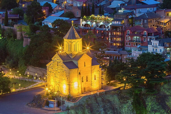 Metekhi St. Virgin Church at twilight, Tbilisi, Georgia, Central Asia, Asia