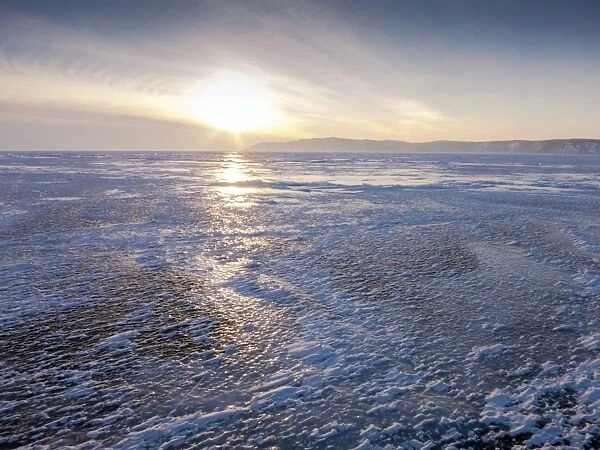 One metre thick ice on the surface of frozen Lake Baikal, Village of Listvyanka near Irkutsk, Siberia, Russia, Eurasia