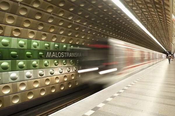 Metro carriages arriving at Malostranska station, Mala Strana, Prague, Czech Republic, Europe