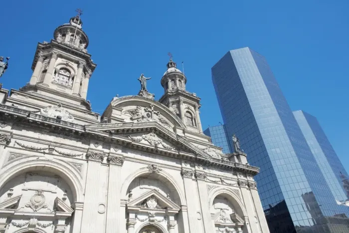 Framed Print : Metropolitan Cathedral and downtown modern building, Plaza de Armas, Santiago de Chile