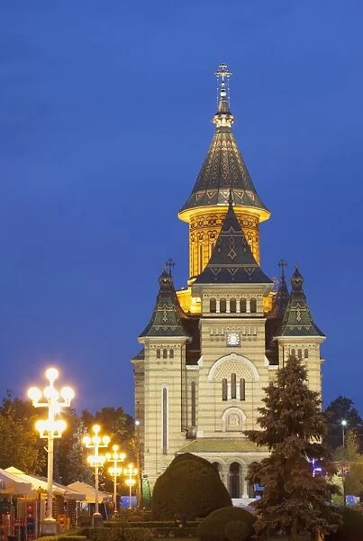 Metropolitan Cathedral in Piata Victoriei at dusk, Timisoara, Banat, Romania, Europe