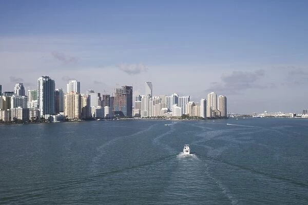 Miami skyline viewed from Rickenbacker causeway, Key Biscayne, Miami, Florida, United States of America, North America
