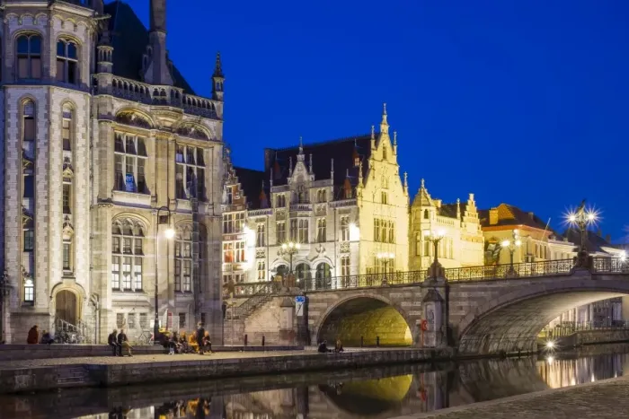 Framed Print : Michielsbrug (St. Michaels Bridge), and buildings on the Leie River at dusk, Ghent Framed Print : Michielsbrug (St. Michaels Bridge), and buildings on the Leie River at dusk, Ghent