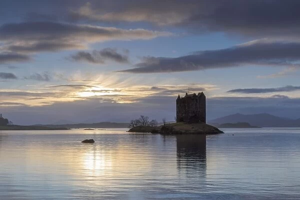 Mid-winter sunset over Loch Linnhe and Castle Stalker in winter, Argyll and Bute