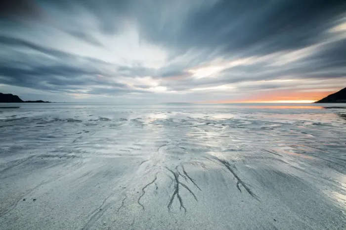Framed Print : Midnight sun and clouds frame the sandy beach of Skagsanden, Flakstad, Nordland county
