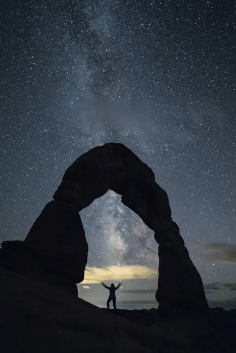 Framed Print : Milky Way and person under Delicate Arch, Arches National Park, Moab, Grand County Framed Print : Milky Way and person under Delicate Arch, Arches National Park, Moab, Grand County