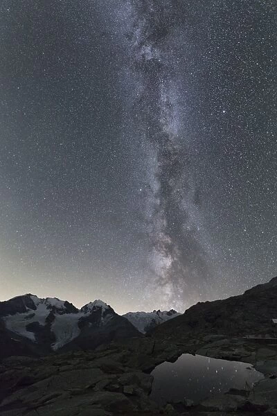 Milky way on Piz Bernina, Fuorcla Surlej, Corvatsch, Engadine, Canton of Graubunden