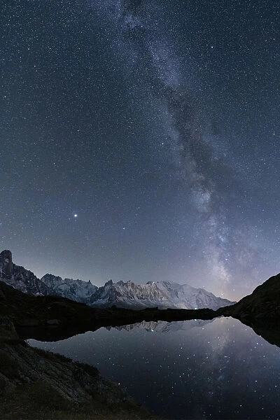 Milky Way in the starry sky over Mont Blanc and Grandes Jorasses view from Lacs de