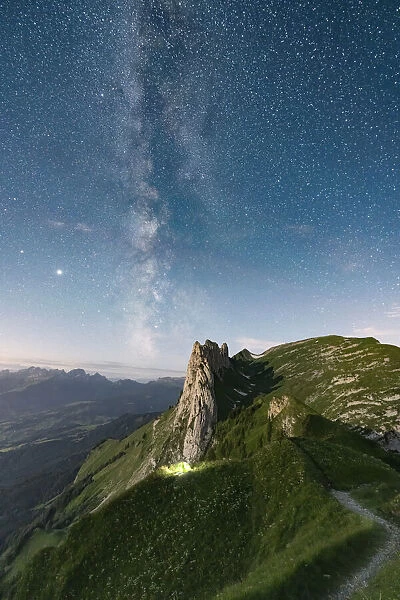 Milky Way in the starry sky over Saxer Lucke mountain, aerial view, Appenzell Canton