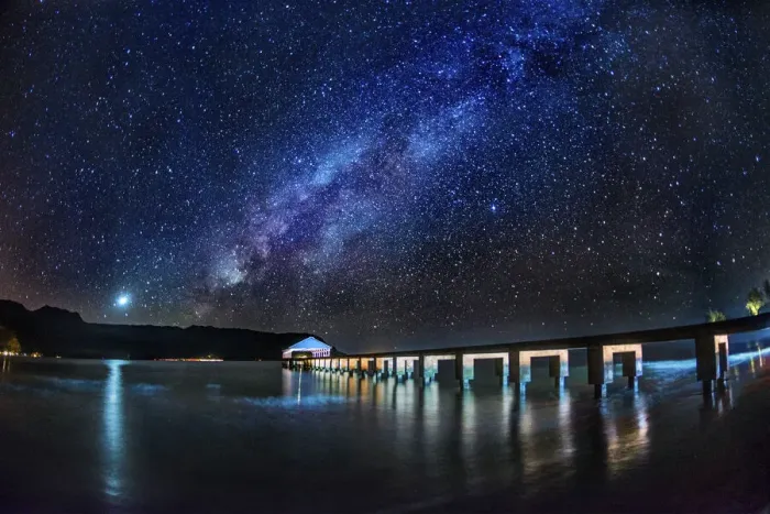 Framed Print : The Milky Way and Venus rise over the Hanalei Bay with the Hanalei Pier in the foreground Framed Print : The Milky Way and Venus rise over the Hanalei Bay with the Hanalei Pier in the foreground