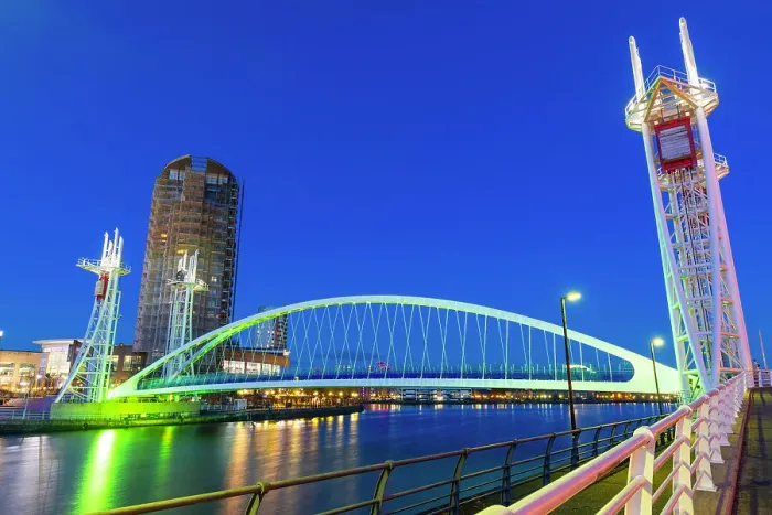 Framed Print : Millennium Bridge, footbridge at dusk, Salford Quays, Media City UK, Greater Manchester, England, United Kingdom, Europe Framed Print : Millennium Bridge, footbridge at dusk, Salford Quays, Media City UK, Greater Manchester, England, United Kingdom, Europe