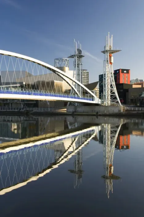 Framed Print : The Millennium Bridge reflected in the Manchester Ship Canal, Salford Quays, Salford, Greater Manchester, England, United Kingdom, Europe Framed Print : The Millennium Bridge reflected in the Manchester Ship Canal, Salford Quays, Salford, Greater Manchester, England, United Kingdom, Europe