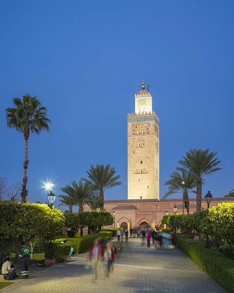 Minaret of the 12th century Koutoubia Mosque, UNESCO World Heritage Site, and Parc