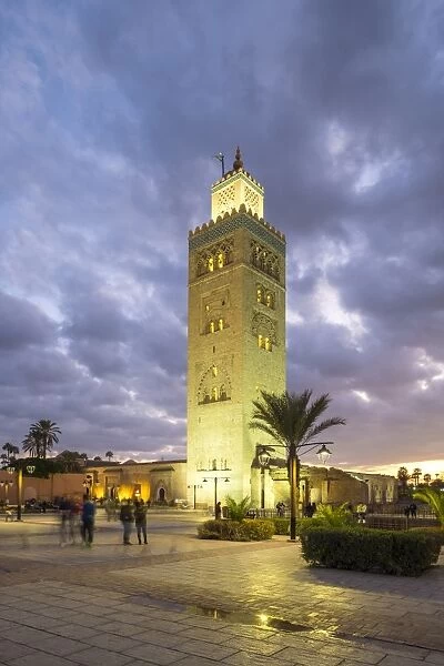 Minaret of the 12th century Koutoubia Mosque at dusk, UNESCO World Heritage Site