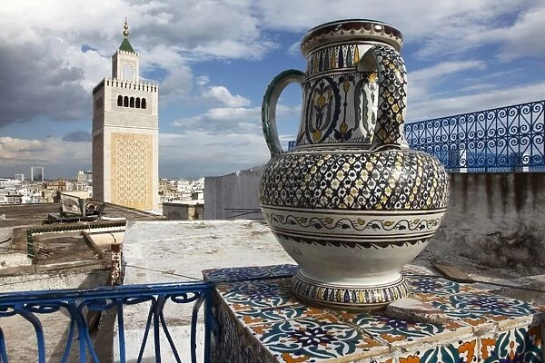 Minaret of the Great Mosque (Jamaa el Zitouna ) and local pottery, Medina