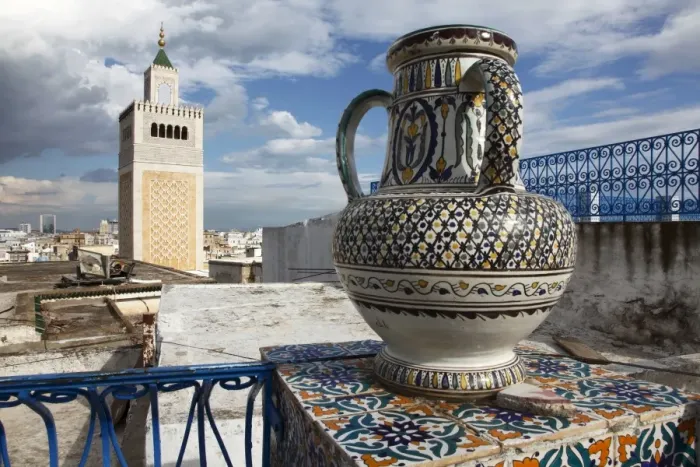 Framed Print : Minaret of the Great Mosque (Jamaa el Zitouna ) and local pottery, Medina Framed Print : Minaret of the Great Mosque (Jamaa el Zitouna ) and local pottery, Medina