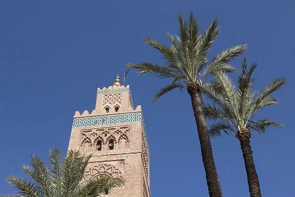 The Minaret of Koutoubia Mosque, with palm trees, UNESCO World Heritage Site, Marrakech, Morocco, North Africa, Africa
