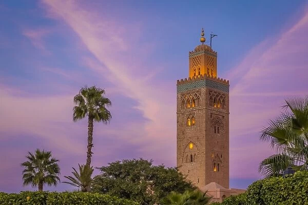 The minaret of the Koutoubia Mosque at twilight, Marrakech, Morocco, North Africa, Africa
