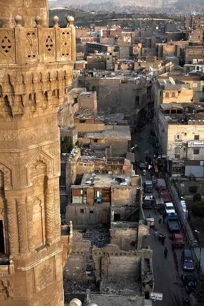 Minaret tower over Islamic Cairo and the area of Khan al-Khalili, Cairo
