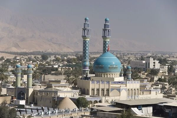 Minarets and dome of main mosque centre of desert town, Lar city, Fars province