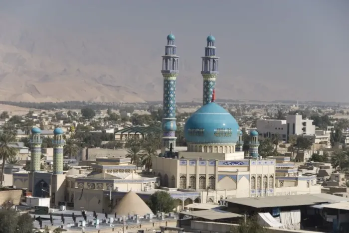 Framed Print : Minarets and dome of main mosque centre of desert town, Lar city, Fars province