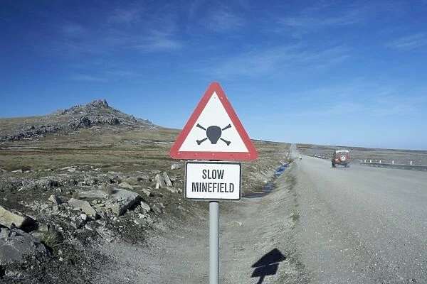 Minefields warning road sign, Sea Lion Island, Falkland Islands, South Atlantic