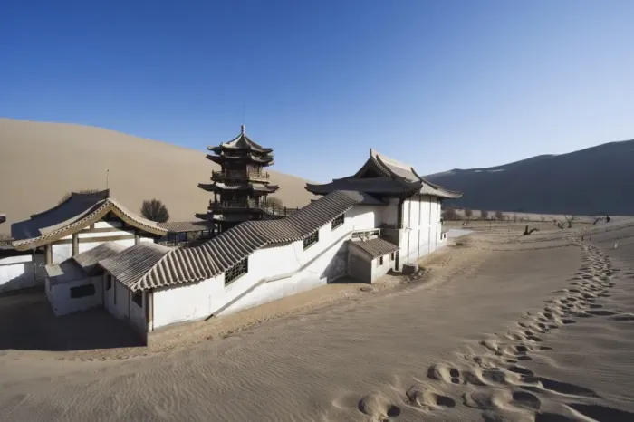 Framed Print : Ming Sha sand dunes and pavilion at Crescent Moon Lake, Dunhuang, Gansu Province Framed Print : Ming Sha sand dunes and pavilion at Crescent Moon Lake, Dunhuang, Gansu Province