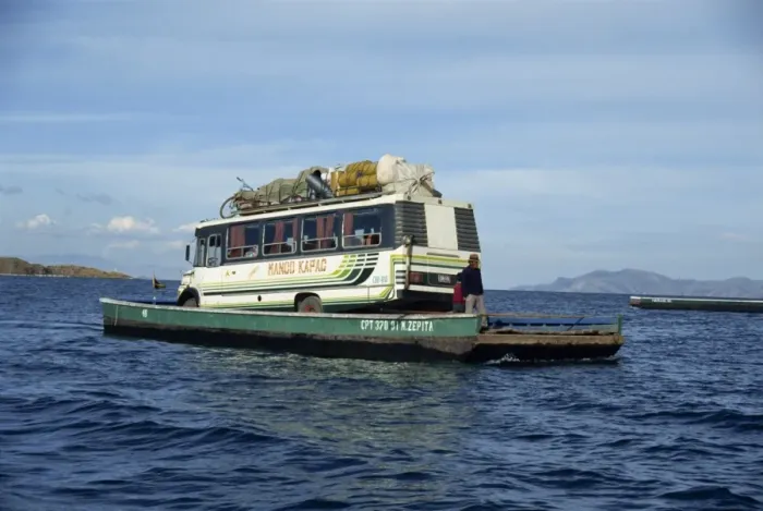 Framed Print : Minibus crossing Lake Titicaca on a ferry in Bolivia, South America Framed Print : Minibus crossing Lake Titicaca on a ferry in Bolivia, South America