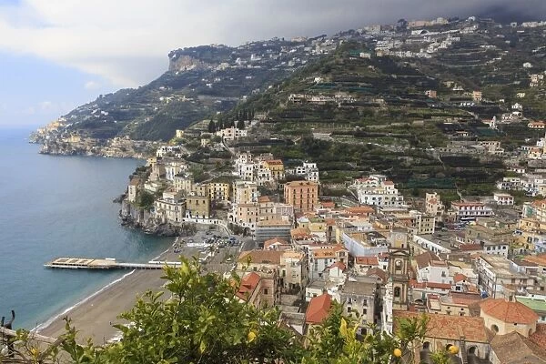 Minori, beach, cathedral, lemons and terraces, elevated view, Amalfi Coast, UNESCO