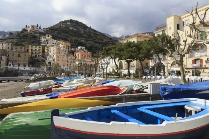 Framed Print : Minori, colourful boats on the beach with promenade in early spring, Costiera Amalfitana Framed Print : Minori, colourful boats on the beach with promenade in early spring, Costiera Amalfitana