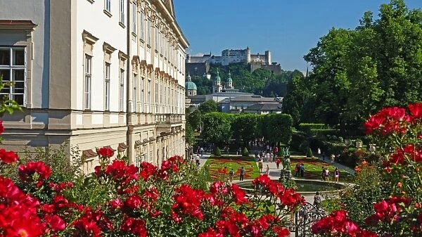 Mirabell Gardens against Fortress Hohensalzburg, Salzburg, Austria, Europe