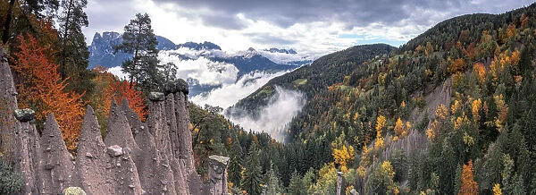 Mist over the earth pyramids and forest in autumn, Longomoso, Renon (Ritten), Bolzano
