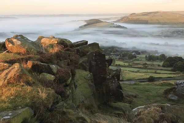 Mist folds over Curbar village, fields and woods from Curbar Edge with heather, autumn dawn