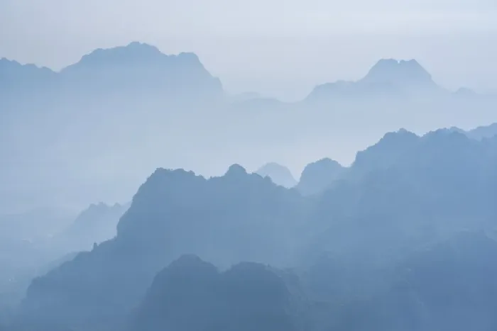 Framed Print : Misty limestone karst mountain landscape at sunrise, seen from Mount Zwegabin, Hpa An Framed Print : Misty limestone karst mountain landscape at sunrise, seen from Mount Zwegabin, Hpa An