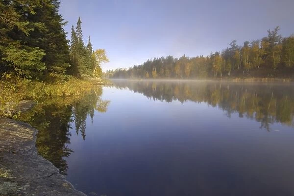Misty morning on Hoe Lake, Boundary Waters Canoe Area Wilderness, Superior National Forest